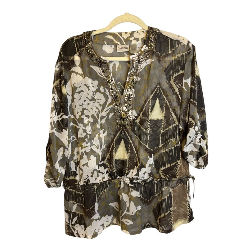 Chico's Blouse‎ Women's Size XL Lightweight Sheer Beaded Floral Brown Chicos 3